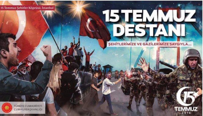 Banner marking the anniversary of the failed coup attempt, honoring the fallen and wounded.