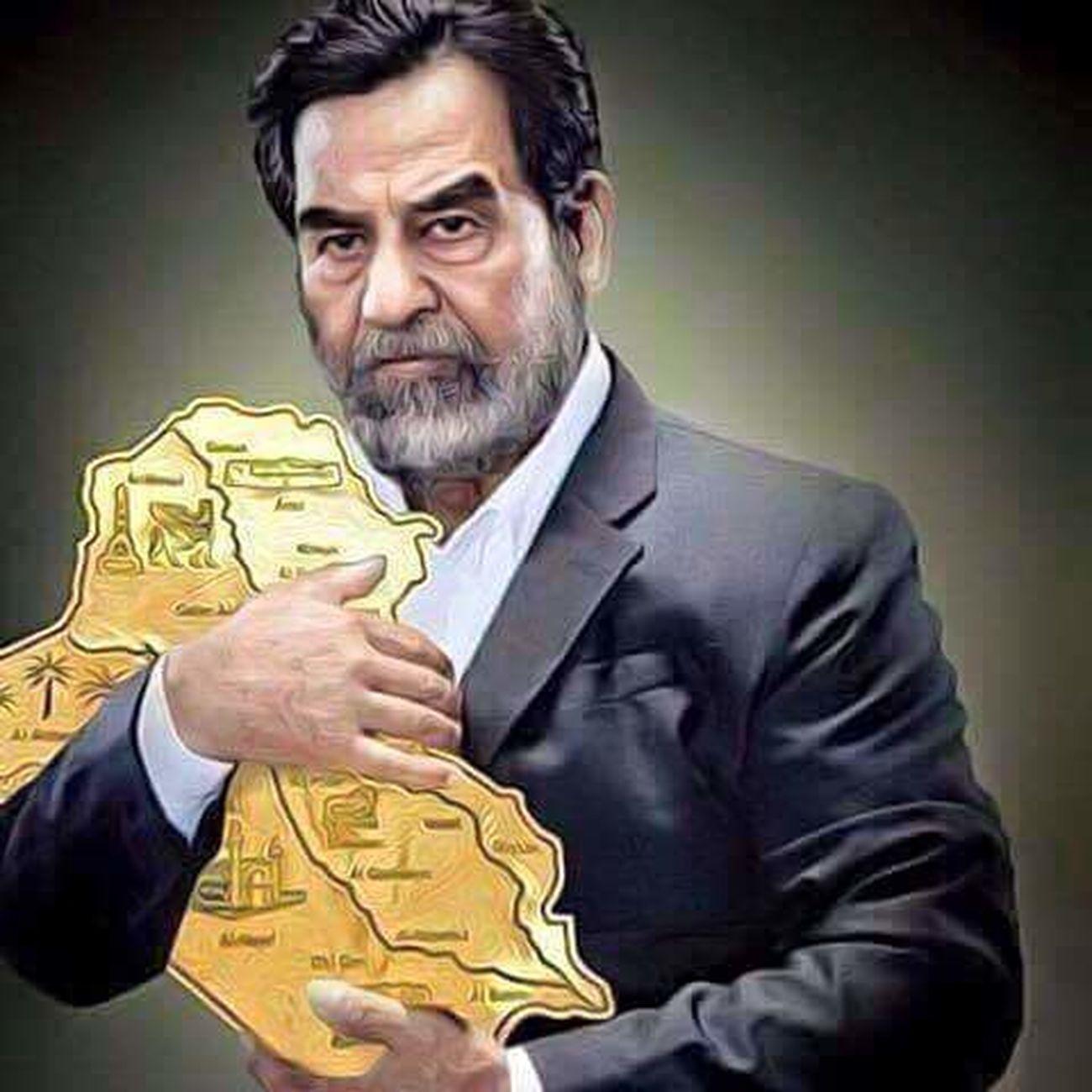 Illustration of Saddam hugging a map of Iraq, which was shared dozens of times on SNS Illustration of Saddam hugging a map of Iraq, which was shared dozens of times on SNS