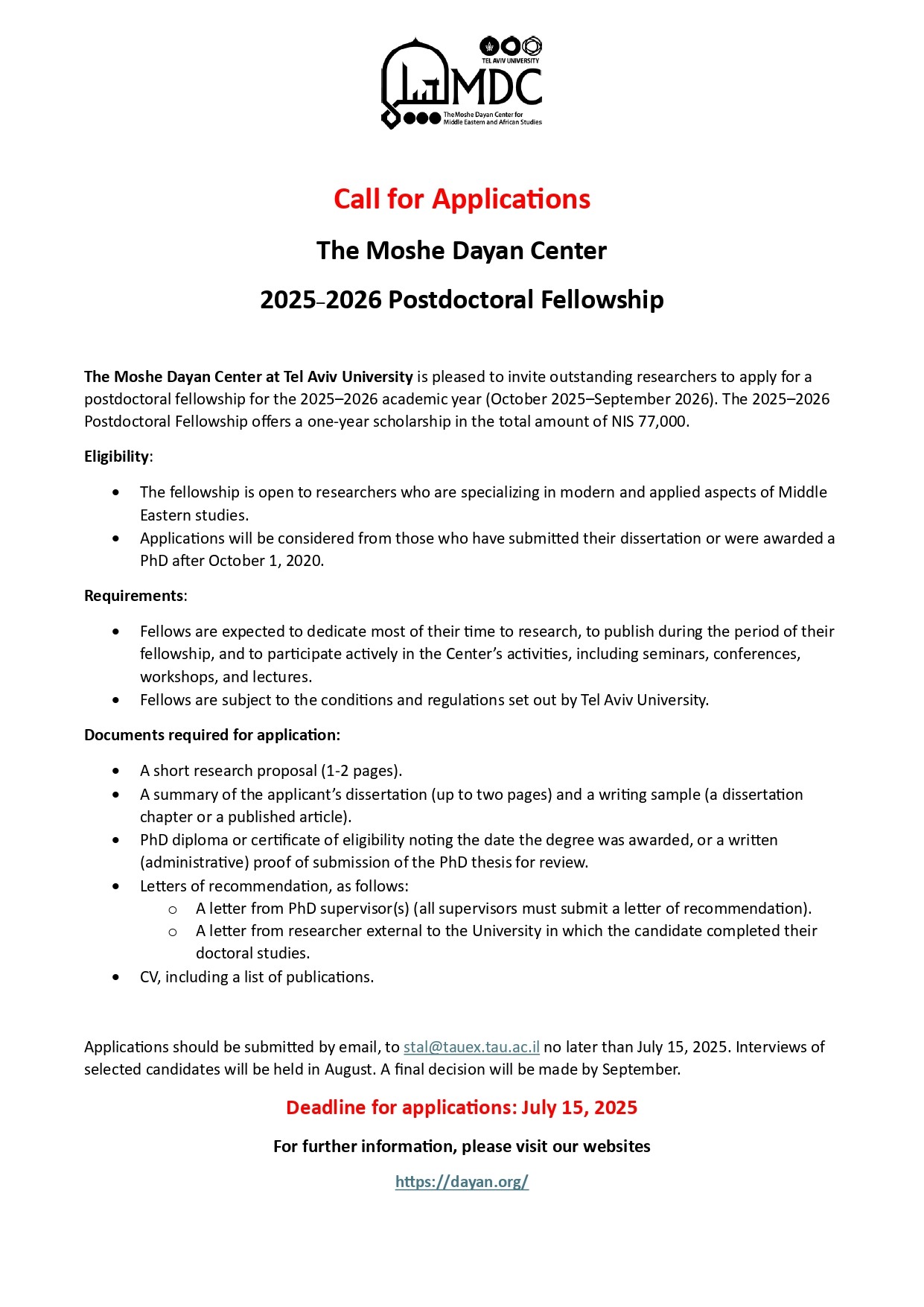 Call for Applications- Postdoctoral Fellowship MDC 2025-2026