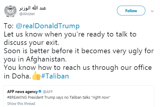 Tweet from official Taliban account taunting U.S President Donald Trump Tweet from official Taliban account taunting U.S President Donald Trump