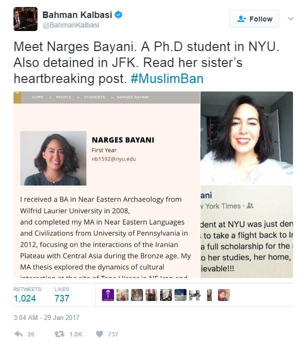 Tweet from the account of a BBC–Persian correspondent in the US. (January 29, 2017) Tweet from the account of a BBC–Persian correspondent in the US. (January 29, 2017)